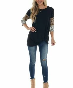 Now N Forever Black Multi Print Knit Top With 3-4 Sleeves