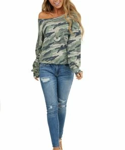 Wanna B Sage Camo Waffle Knit Top With Long Puff Sleeves Tops 32 Wanna B Sage Camo Waffle Knit Top With Long Puff Sleeves Tops