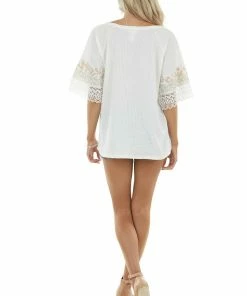 BiBi Tops Ivory Leopard Print Short Sleeve Waffle Knit Top With Lace