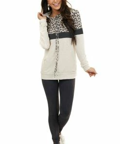 7th Ray Tops Tan Leopard Colorblock Hooded Sweatshirt With Front Pocket