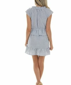 Ces Femme Dresses Navy And Off White Striped Tiered Tunic Dress
