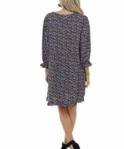 Jodifl Black Printed Woven Short Dress With 3/4 Bubble Sleeves