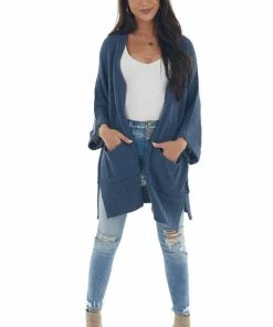 She + Sky Steel Blue Loose Sleeve Cardigan With Pockets