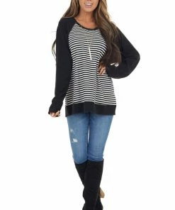 Cotton Bleu Tops Black And White Striped Soft Knit Top With Contrast Sleeves