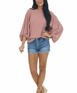 143 Story Tops Dusty Coral Boat Neck Bubble Sleeve Knit Top