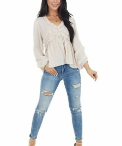 Peach Love Tops Oatmeal Long Puff Sleeve Babydoll Top With Ruffle Detail