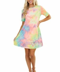 Lime 'N' Chili Multicolor Tie Dye Short Sleeve Dress With Side Pockets 27 Lime 'N' Chili Multicolor Tie Dye Short Sleeve Dress With Side Pockets
