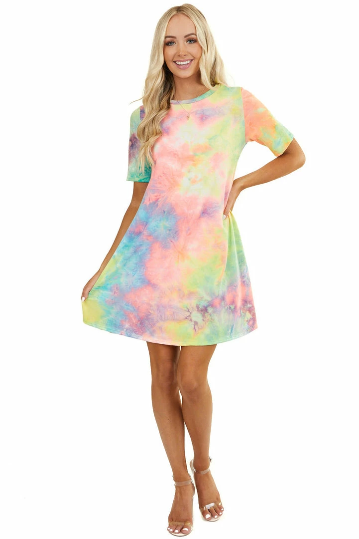 Lime 'N' Chili Multicolor Tie Dye Short Sleeve Dress With Side Pockets 12 Lime 'N' Chili Multicolor Tie Dye Short Sleeve Dress With Side Pockets