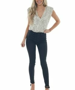 She + Sky Cream Sequined Surplice Shoulder Pad Bodysuit 25 She + Sky Cream Sequined Surplice Shoulder Pad Bodysuit