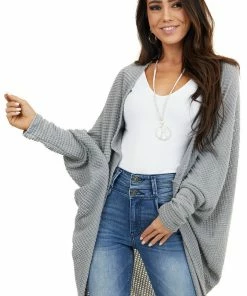 FSL APPAREL Stone Grey Waffle Knit 3-4 Sleeve Cardigan With Cocoon Hem Outerwear