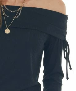 BiBi Black Folded Off The Shoulder Ribbed Top