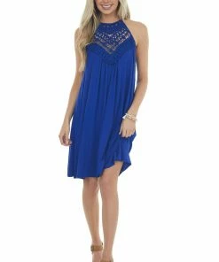 CY Fashion Royal Blue Short Dress With Lace Front And Keyhole Back