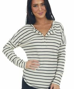 143 Story Cream And Black Striped Thermal Henley Top Tops