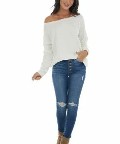 143 Story Tops Off White Lightweight Stretchy Knit Top With Long Sleeves