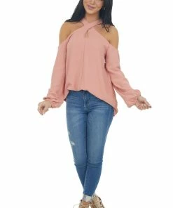 143 Story Hazy Coral Cold Shoulder Long Sleeve Top With Crossed Neck