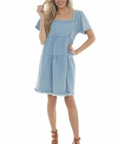 Umgee Dresses Light Vintage Wash Tiered Babydoll Denim Dress 26 Umgee Dresses Light Vintage Wash Tiered Babydoll Denim Dress