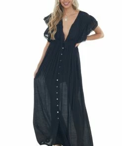 Peach Love Black Button Front Plunging V Neck Maxi Dress