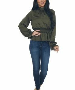 Peach Love Dark Army Green Mock Neck Smocked Peplum Top