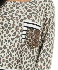 HEIMISH Cream Leopard Print Long Sleeve Top With Stripe Contrast Tops