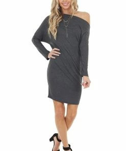 Cherish Charcoal Off Shoulder Long Sleeve Semi Fitted Short Dress