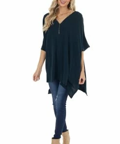 Main Strip Tops Dark Pine Oversized V Neck Poncho With Front Sewing Detail