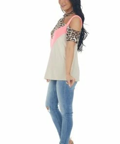 143 Story Beige And Neon Pink Leopard Print Top Tops