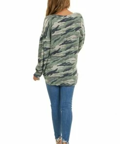 Wanna B Sage Camo Waffle Knit Top With Long Puff Sleeves Tops 27 Wanna B Sage Camo Waffle Knit Top With Long Puff Sleeves Tops