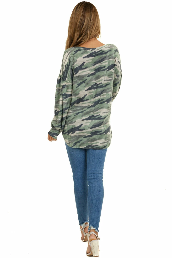 Wanna B Sage Camo Waffle Knit Top With Long Puff Sleeves Tops 12 Wanna B Sage Camo Waffle Knit Top With Long Puff Sleeves Tops