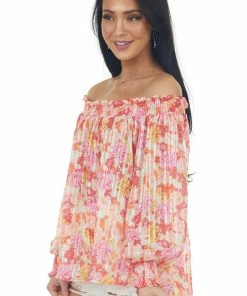 Umgee Tops Baby Pink Sheer Floral Off The Shoulder Top