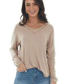 143 Story Tops Latte V Neck Long Sleeve Exposed Seam Knit Top