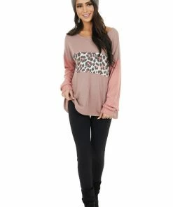 HOPELY Tops Dusty Rose Leopard Print Colorblock Long Sleeve Top
