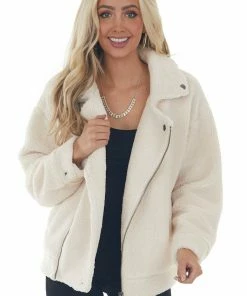 BaeVely Cream Faux Fur Long Sleeve Zip Up Moto Jacket Outerwear