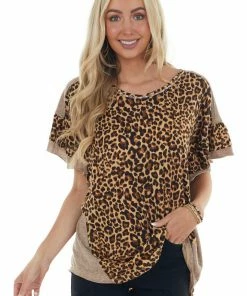 GiGiO Camel Brown Leopard Short Layered Sleeve Top Tops