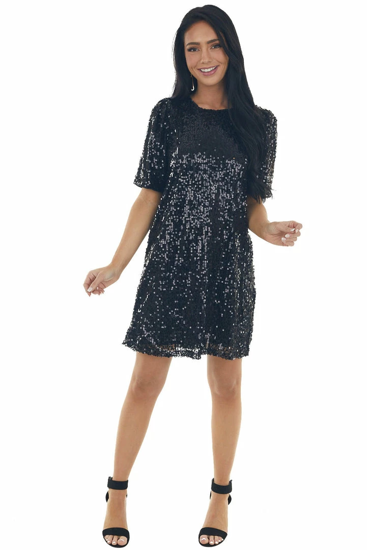 Vine & Love Dresses Black Sequined Short Puff Sleeve Shift Dress 14 Vine & Love Dresses Black Sequined Short Puff Sleeve Shift Dress