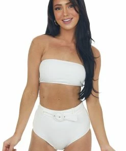 Listicle Accessories White Bandeau High Waist Bikini Set With Belt