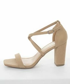 FORTUNE DYNAMIC Nude Square Toe High Heels With Ankle Strap