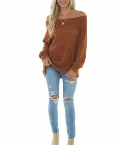 FSL APPAREL Tops Pumpkin Spice Off Shoulder Loose Knit Top