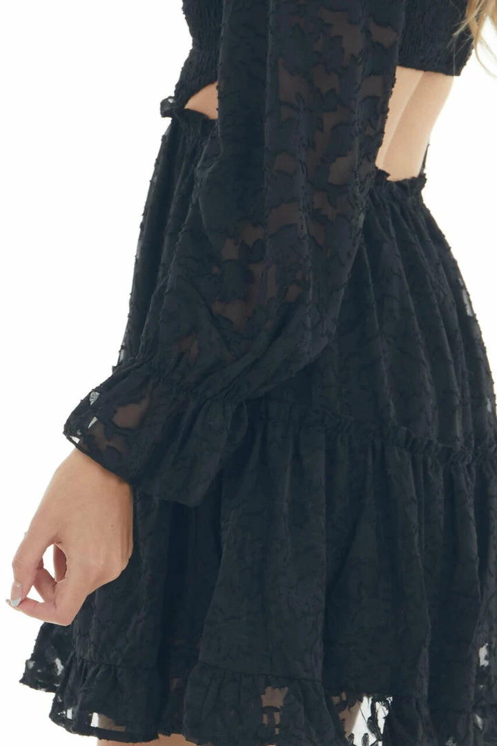 Peach Love Black Floral Textured Cut Out Waist Mini Dress Dresses 15 Peach Love Black Floral Textured Cut Out Waist Mini Dress Dresses