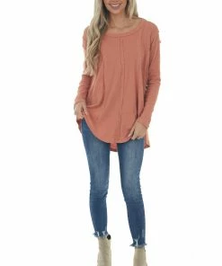 143 Story Tops Terracotta Scoop Neckline Rounded Hem Knit Top