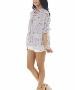 Umgee Lavender Floral Print Drop Waist Ruffle Blouse With Tassels