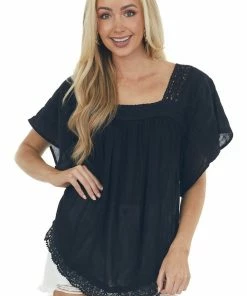 Davi & Dani Black Square Neck Blouse With Lace Details Tops
