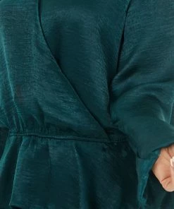 Caramela Pine Green Satin Surplice Blouse With Elastic Ruffle Hemline Tops