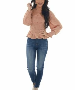 Blu Pepper Dark Coral Dotted Smocked Bodice Peplum Blouse Tops