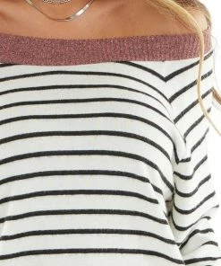 Staccato Tops Off White Striped Stretchy Knit Top With Dusty Coral Trim