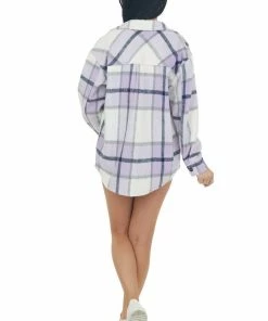 Blue B Tops Lavender Plaid Soft Shirt Jacket With Pockets