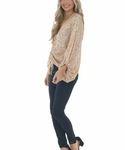 Mustard Seed Tops Champagne Sequin Long Bubble Sleeve Ruched Top