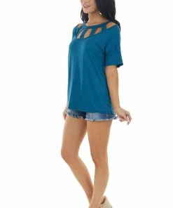 BiBi Tops Dark Ocean Blue Short Sleeve Knit Top With Caged Neckline