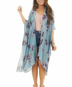 ANGIE Teal Floral Print Half Sleeve Kimono With Side Slits