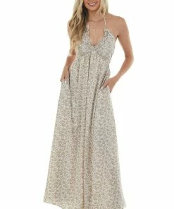 Entro Vanilla Ditsy Floral Halter Tie Maxi Dress Dresses