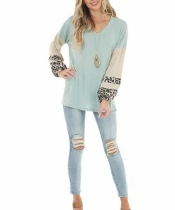 Lovely Melody Sage Waffle Knit Top With Oatmeal And Leopard Print Sleeves 28 Lovely Melody Sage Waffle Knit Top With Oatmeal And Leopard Print Sleeves